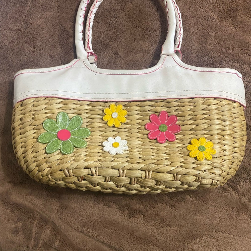Floral Woven Tote Bag - White and Tan